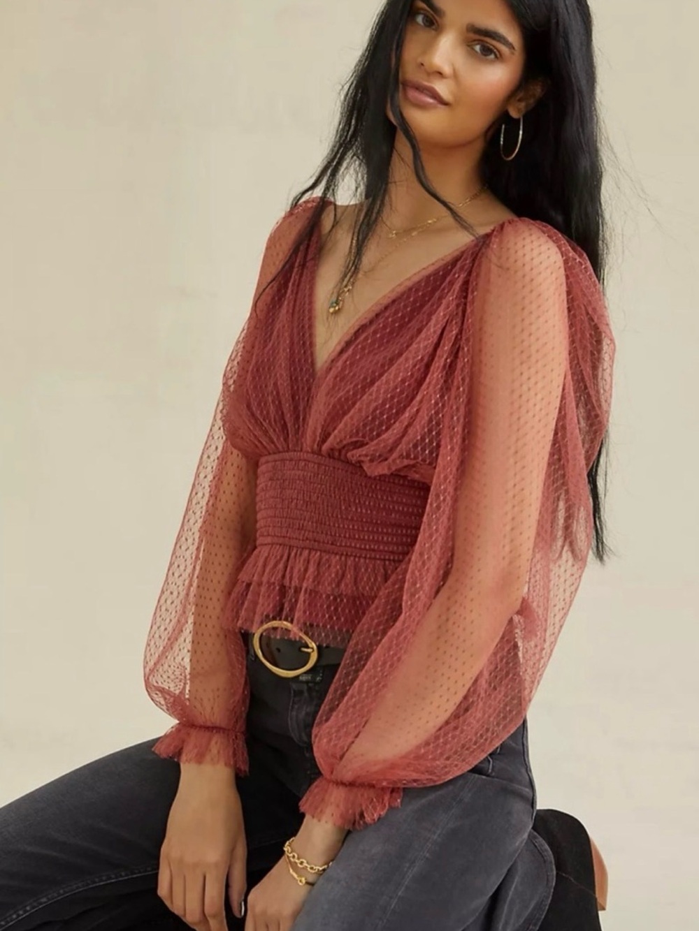 Anthropologie Rust Mesh Smocked Peasant Blouse